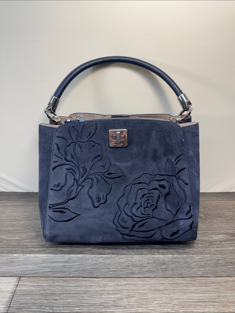 kate spade Navy Suede Top-Handle Satchel with Floral Embossing